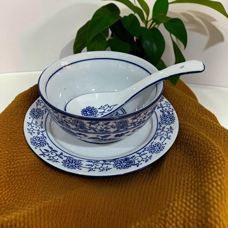 Retro Blue & White Porcelain Tableware Set: Tea Cup, Rice Bowl, Plate, Soup Spoon