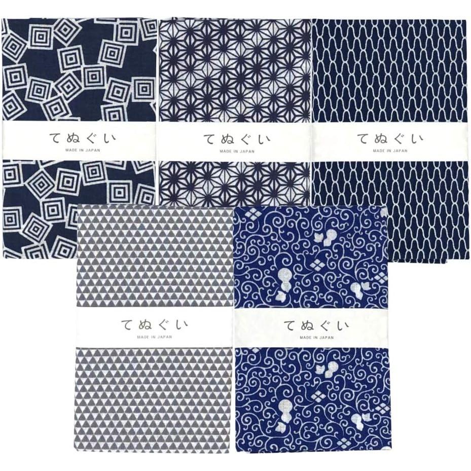 Set von 5 traditionellen japanischen Tenugui mit kleinen gemusterten Designs, einzeln verpackt (Handtücher) (C.), (rohe Kanten).