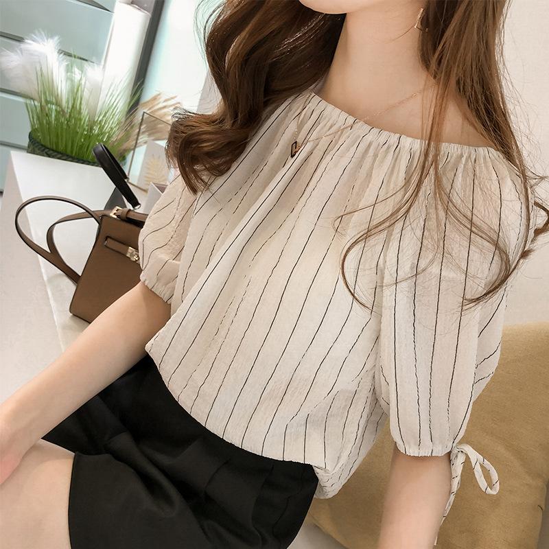 Temperament One-line Collar Off-the-shoulder Striped Chiffon Shirt Women s Loose Lantern Sleeve Blouse Bottoming Shirt M белый