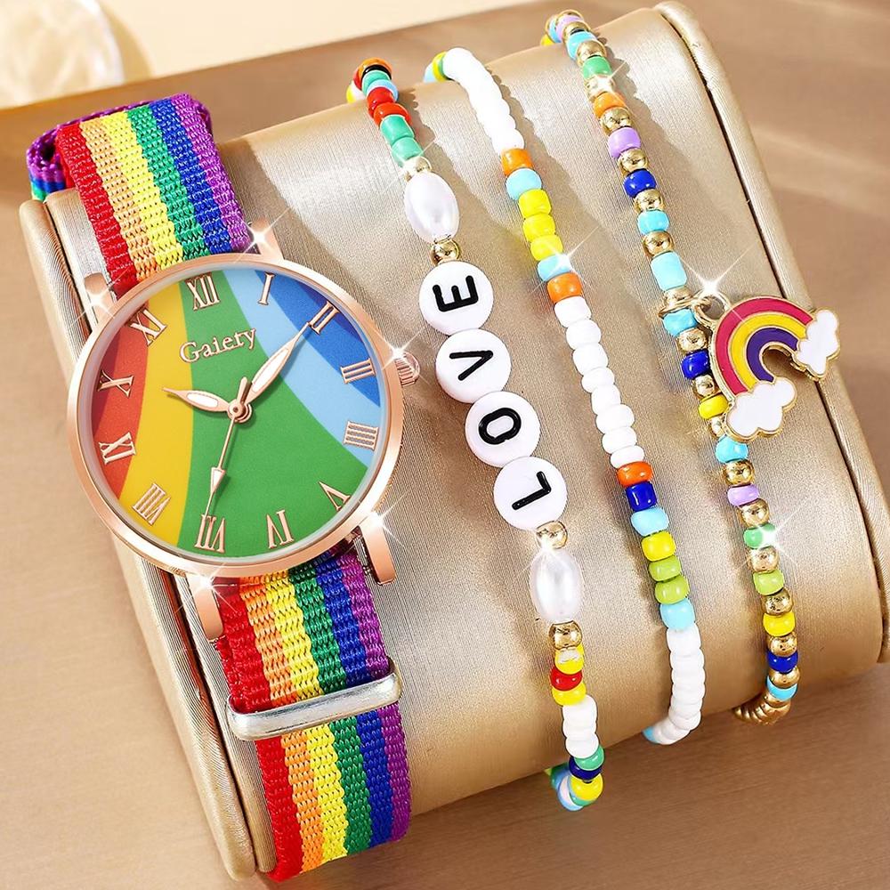 4PCS Women s Trendy Watch Set, Fashionable and Personalized Rainbow Elements Quartz Watch Bracelet Set, Perfect Gift