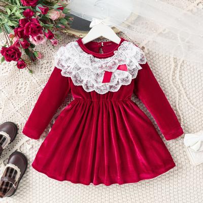Mädchen Winter Neue Spitze Kragen Samt Langarm Kleid Prinzessin Kleid