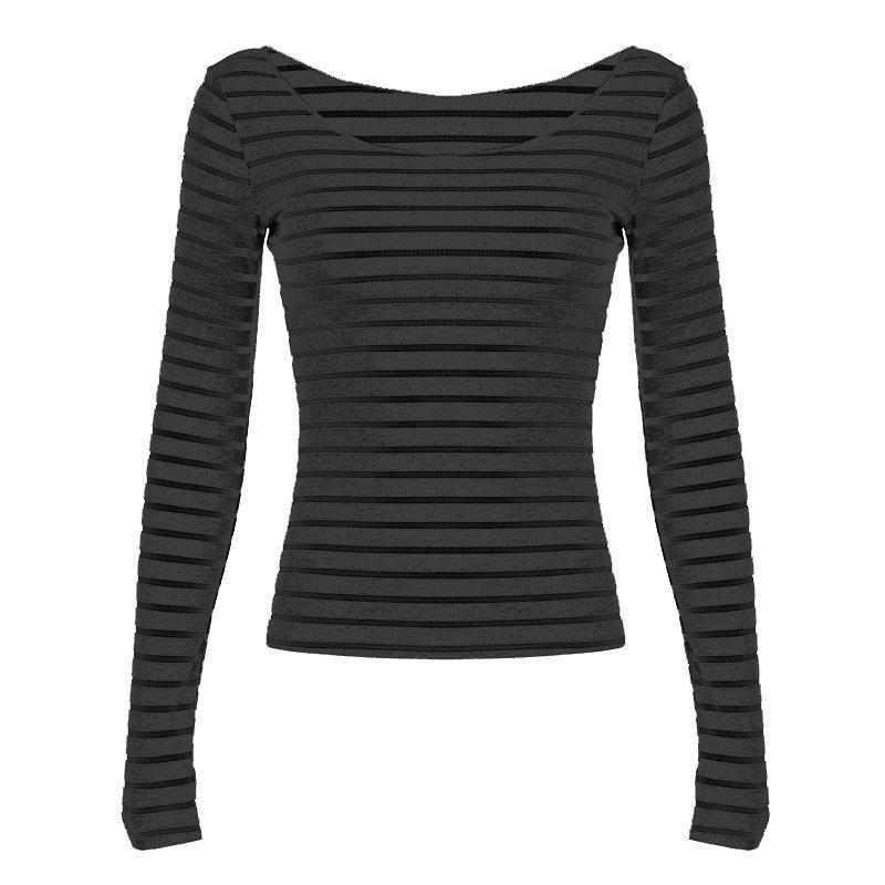 One-word Neck Striped Light and Slim-fit Long-sleeved Spice Girl Sexy Off-the-shoulder Simple Versatile and Thin Relaxed Top