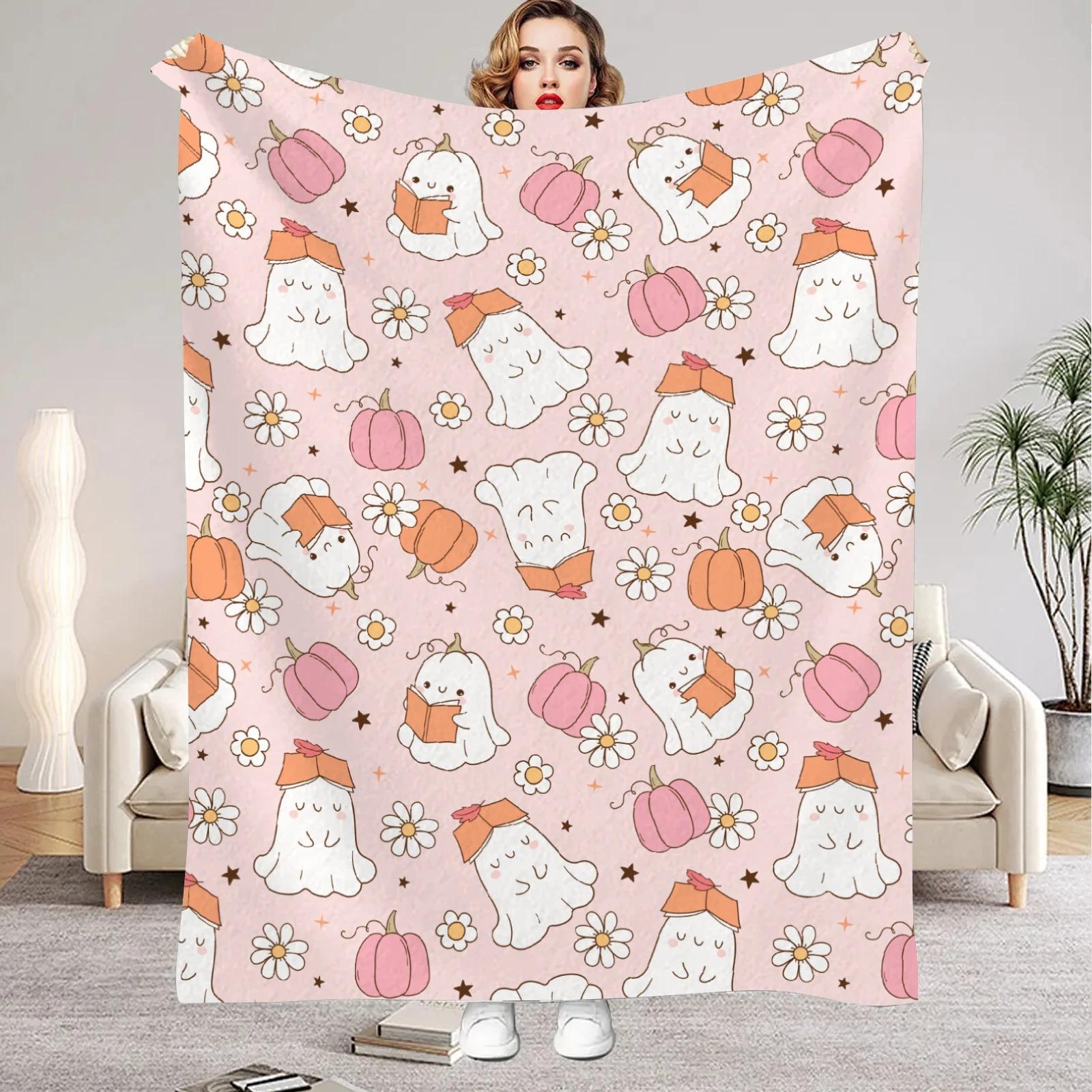 Pink Blanket Happy Halloween Lovely Ghost Flora Soft Flannel Blanket for Home Living Room Bedroom Halloween Decor Birthday Gift 70x100cm