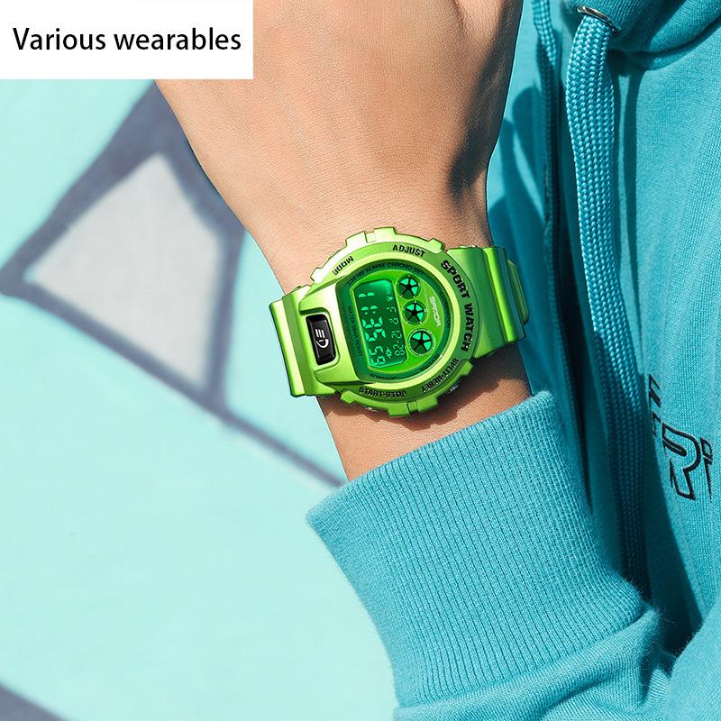 Neue elektronische Uhr mit Einzelwerk in grüner, heller Farbe für männliche und weibliche Studenten, modische, multifunktionale, trendige, wasserdichte Uhr