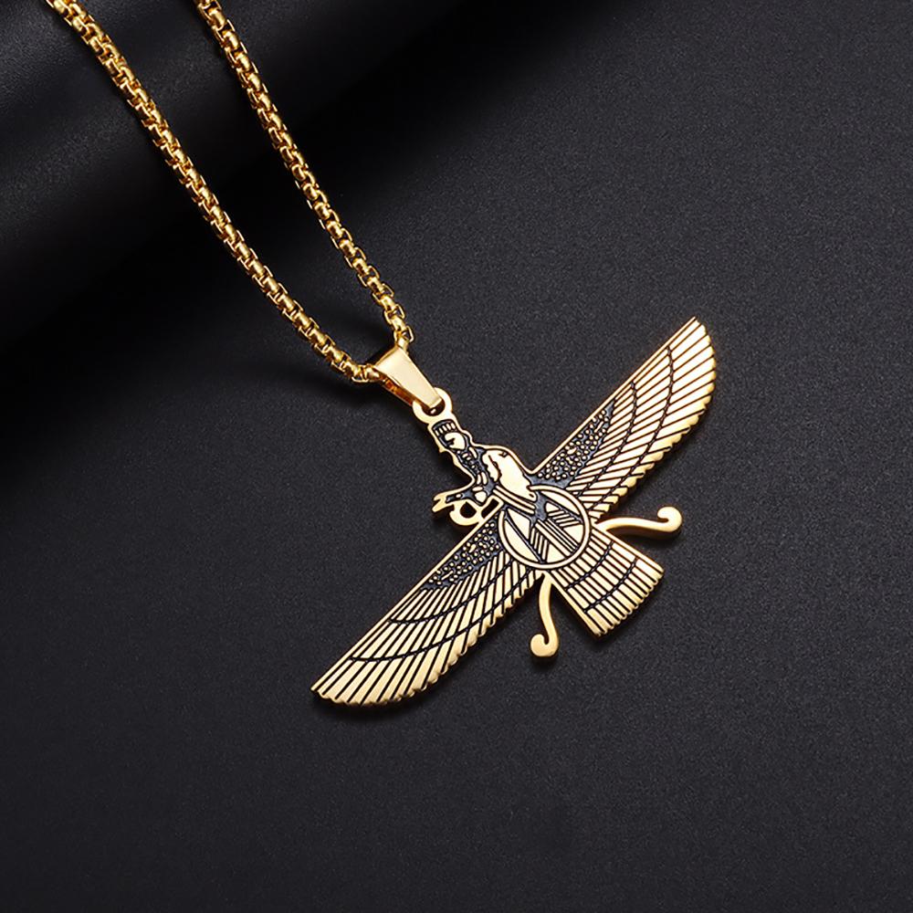 Mystický přívěsek Faravahar Ahura Zlatá barva Nerezová ocel Zoroastrijský náhrdelník Pro ženy Muže Íránské náboženské šperky Dárek
