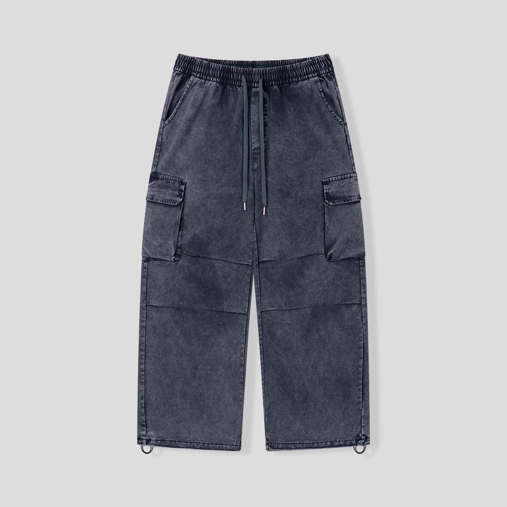 BLACK MOMENT Washed Cargo Elastic Waist Wide Pants [Khaki]