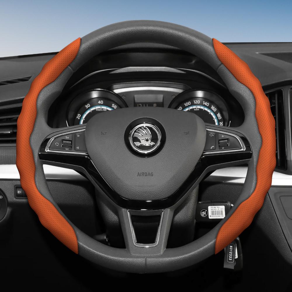 Suitable for Skoda Steering Wheel Cover with Wavy Sports Design, Breathable Leather, Segmented, Non-Slip, Sweat-Absorbent Protection for Octavia,