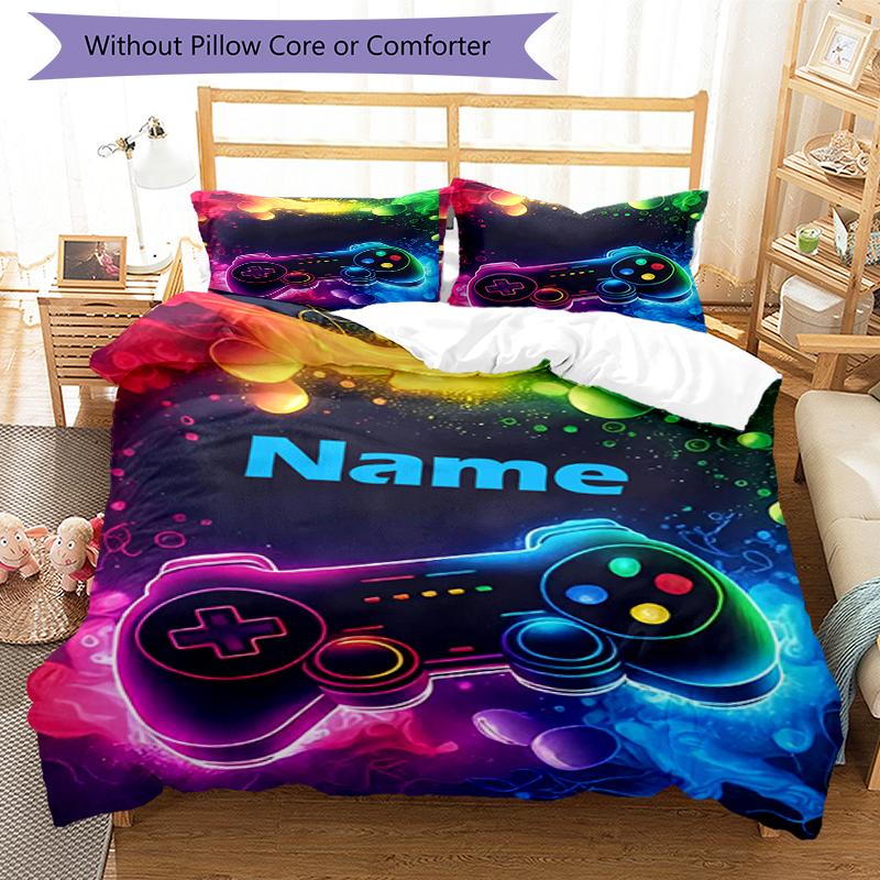 3pcs Custom Name Game Controller Bedding Set Duvet Cover Closure Includes 1 Duvet Cover & 2 Pillowcases, Soft and Comfortable for All Seasons.