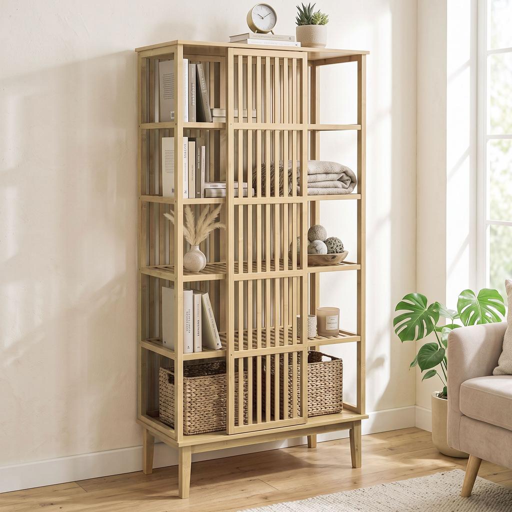 Bamboo Wardrobe, 5 Shelves, Sliding Door, Slatted Design, Natural Wood