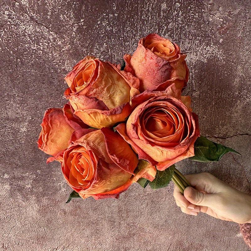 6pcs Dry Burned Roses, Artificial Rose Bouquet,Faux Floral Arrangement for Wedding Party Living Room Vase Table Centerpiece Arrangement Garden Decor