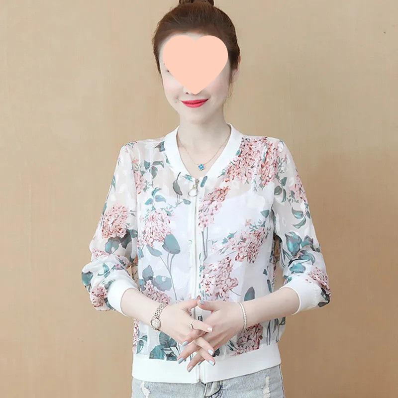 Chiffon Langarm Sonnenschutzjacke für Damen - Mittleren Alters Lässig Übergröße Bedruckte Strickjacke Oberbekleidung