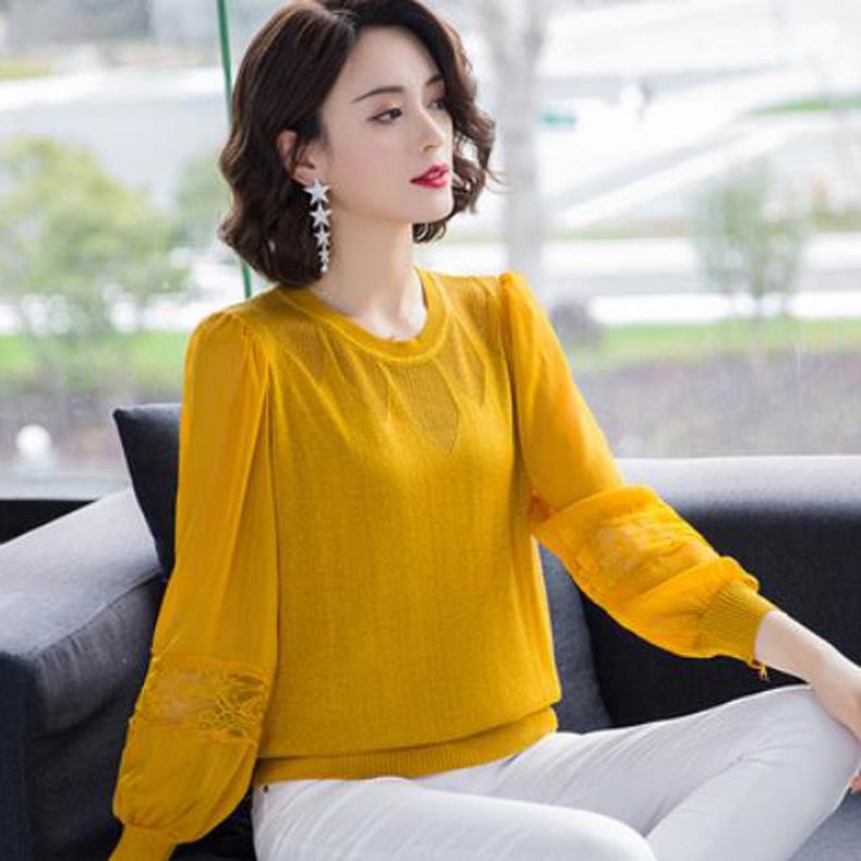 Round Neck Patchwork Yarn Sleeve Hollow Knit Sweater Top Long Sleeved Sweater Women's Base Sweater