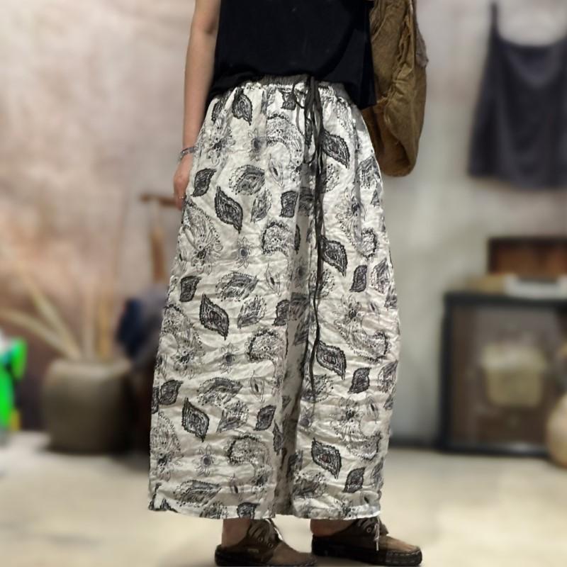 Johnature Women Vintage Striped Pants Print Floral Elastic Waist Loose Trousers Autumn Belt Casual Long Pants
