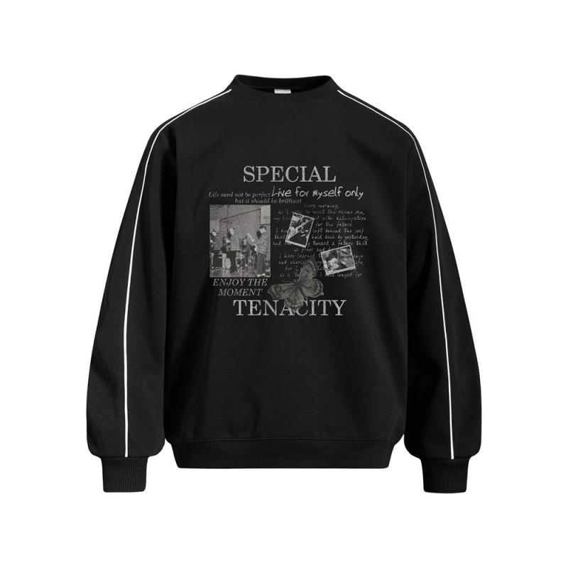 Mens Streetwear Graphic Print Crewneck Sweatshirt Loose Fit Casual Pullover