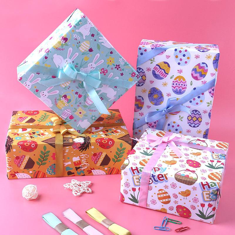 4 Sheets Coloful Cute Happy Easter Egg Bunny Gift Wrap Glossy Gift Wraps Sheet for Easter Birthday Party Baby Shower