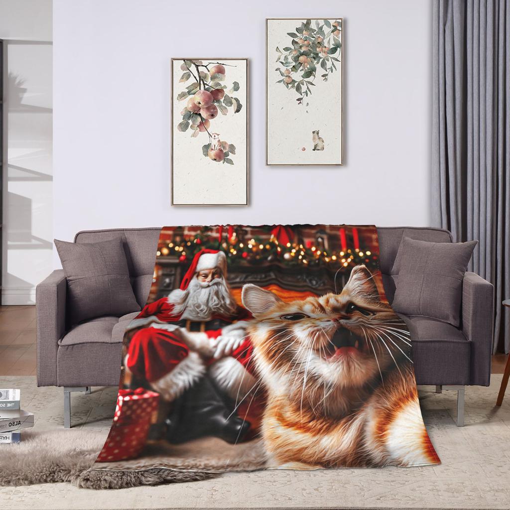 Cat Selfie with Santa Warm Soft Blanket  Kids Adult Plush Throw Blanket Fashion Couch Chair Flannel Bedspread Sofa Bed Cover
