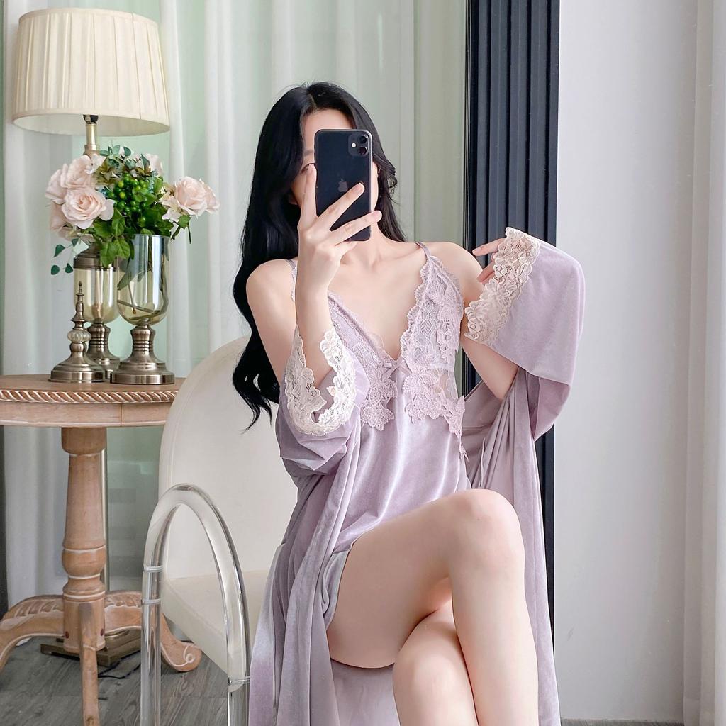 Yase [Gorgeous Flowers] New velvet nightdress women's exquisite lace heavy industry design hanging skirt with chest pad set