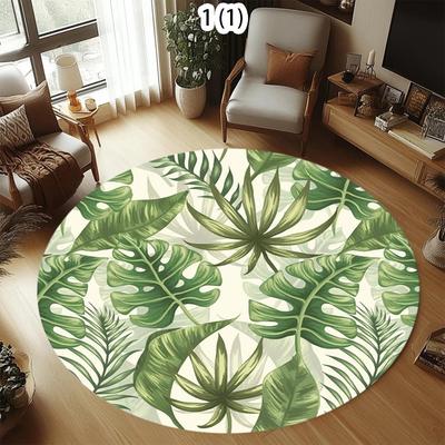 Tropical Leaf Round Area Rug Monstera Palm Print Non-slip Decorative Carpet Soft Comfortable Floor Mat for Living Room Bedroom