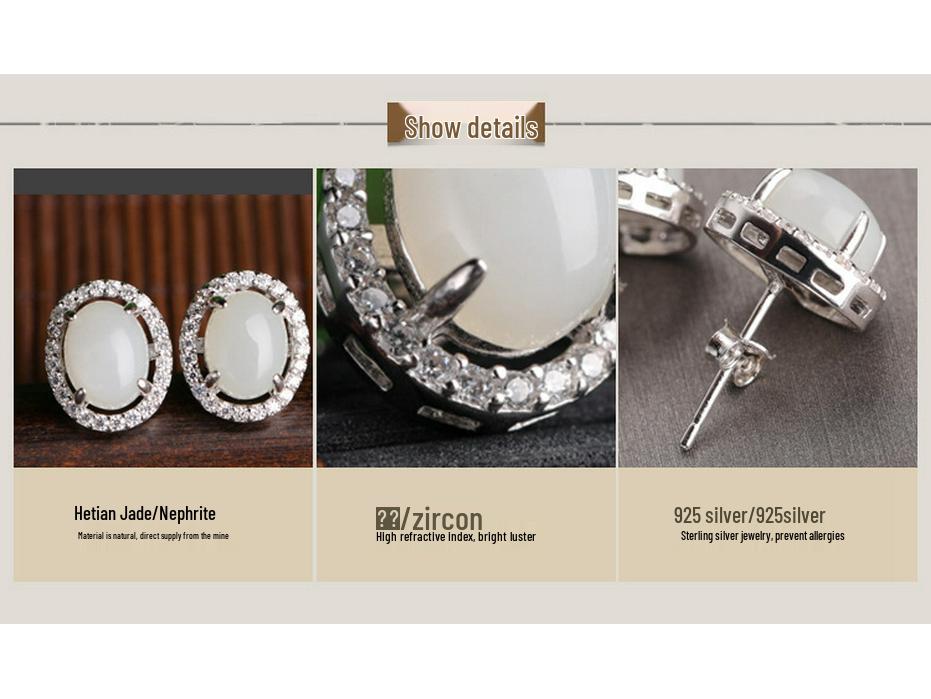 925 Sterling Silver Hetian Jade Stud Earrings with Certificate - Simple Ancient Hanfu Cheongsam Style White Jade Earrings