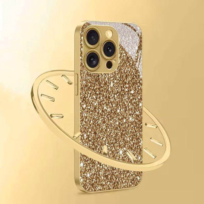 Funkelndes Sternenmuster Gold Metallic Lack Glas Handyhülle für iPhone 17 16 15 14 13 12 11 Pro Max 15 Plus 17Air 16E Cover