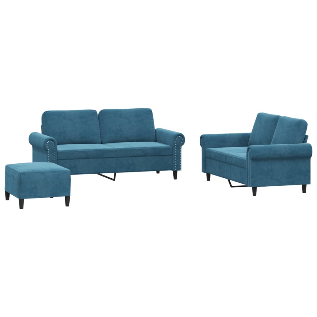 3 Piece Sofa Set with Cushions Blue Velvet