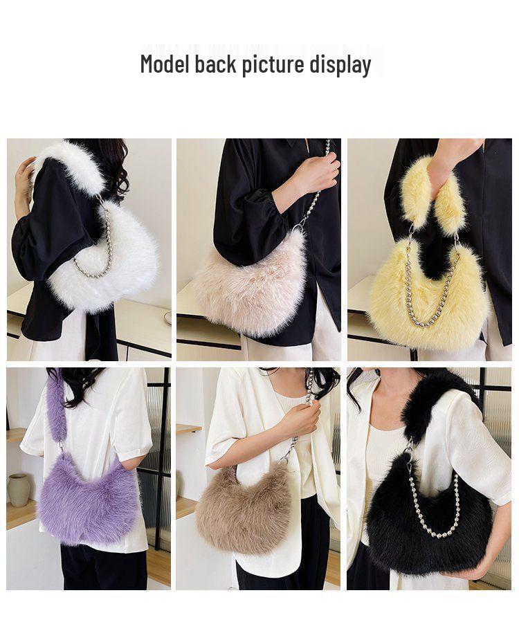 Autumn/Winter Faux Fox Fur Plush Shoulder Bag with Pearl Chain