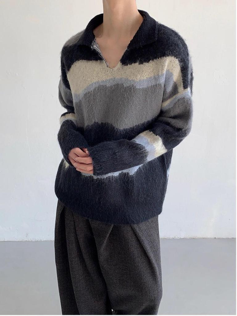 Unisex Retro Color Block Polo Collar Knit Sweater for Autumn/Winter