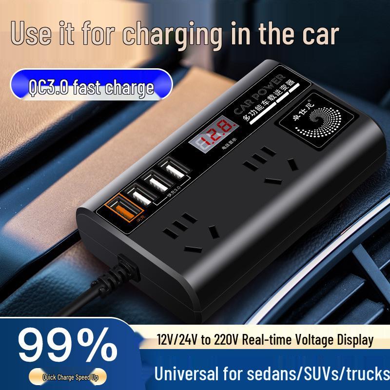 Universal Car Inverter: 12V/24V to 220V Power Converter & Phone Charger