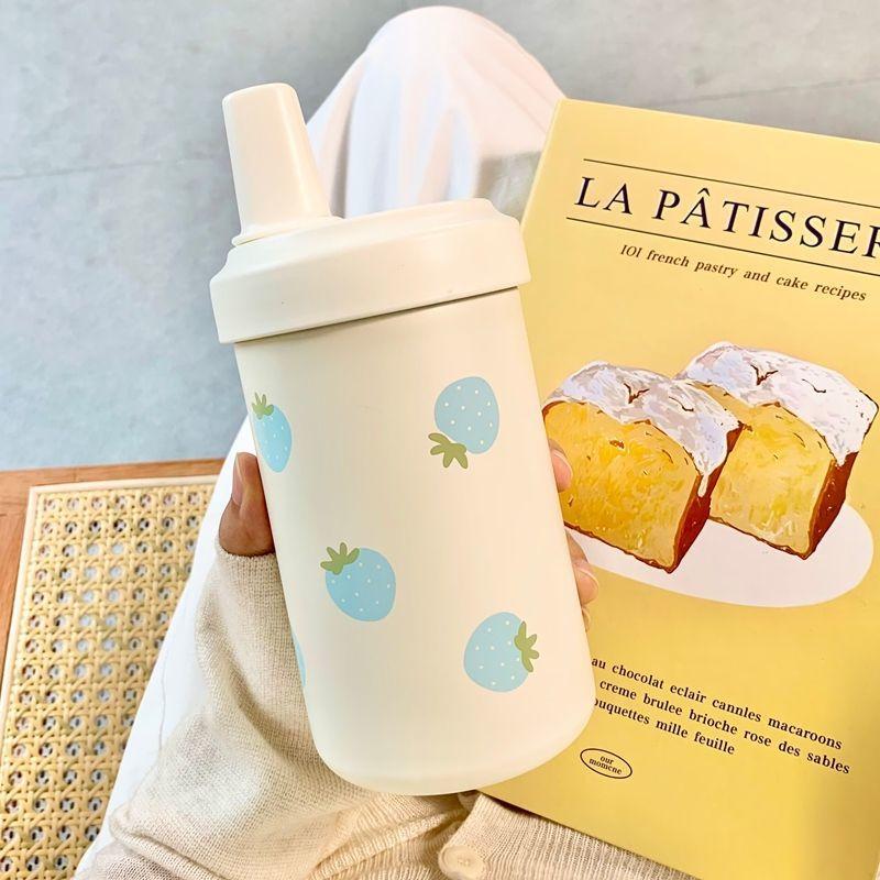 Kawaii Strawberry Thermos Bottle Stainless Steel Vacuum Insulated Straw Cup Cute Girls Outdoor Ice Coffee Drinking Water Cup