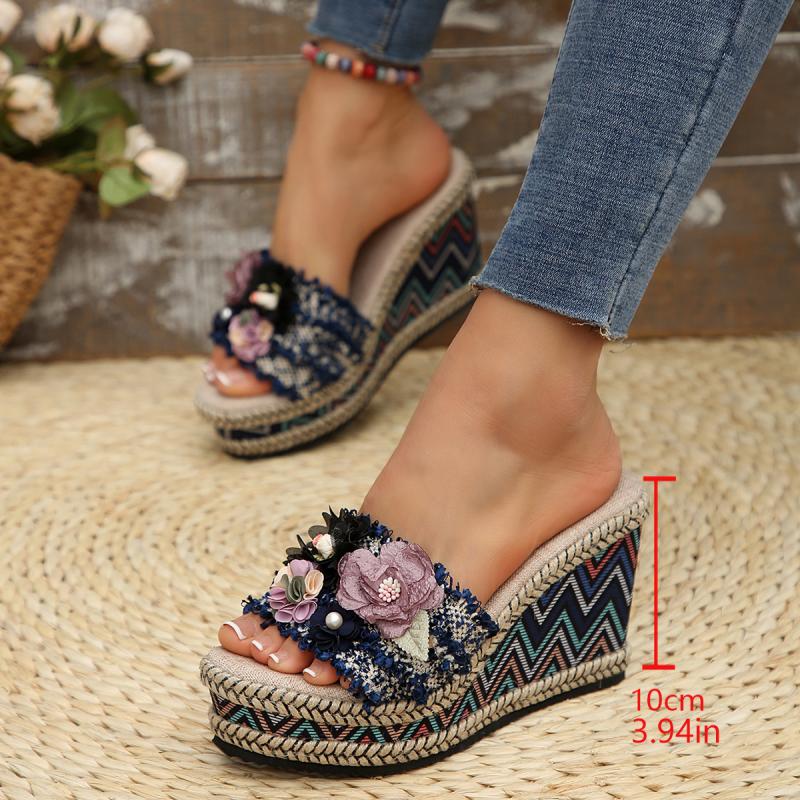 Fashion Bohemia Flower Fabric Strap Wedge Heel Sandals Women Summer Round Toe Super High Heel Slides Casual Hemp Sole Beach Slippers