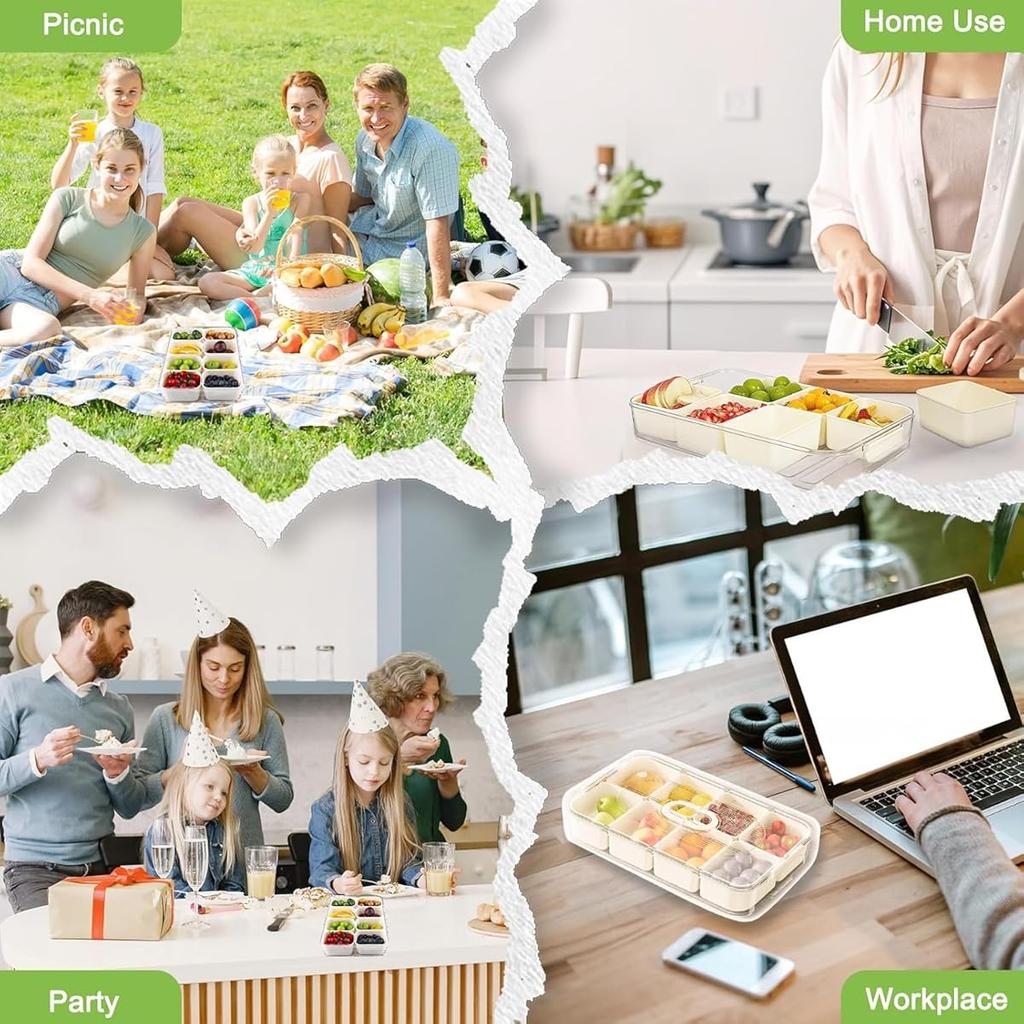 Large 8-Compartment Clear Divided Serving Tray with Lid,Handle,Airtight Food Storage Container,Removable Compartments
