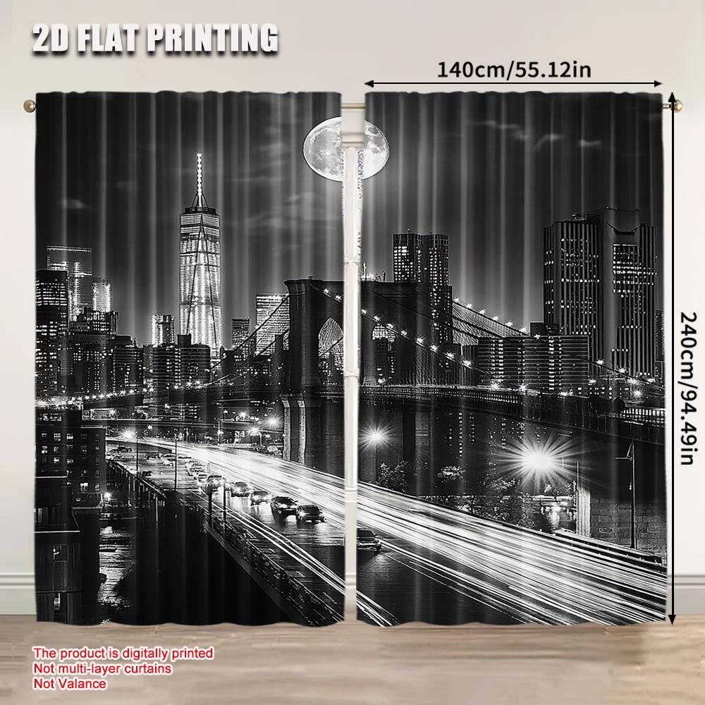 Black White Cursor New York City Night Scene Urban Life Brooklyn Manhattan Suitable Bedroom Living Room Dining Curtains Set Of 2 Made Polyester