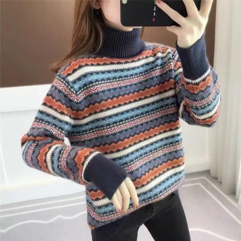 

Осенне-зимний ретро жаккардовый полосатый свитер с высоким воротником женский модный зарубежный стиль контрастные цвета свободный базовый вязаный свитер average size F