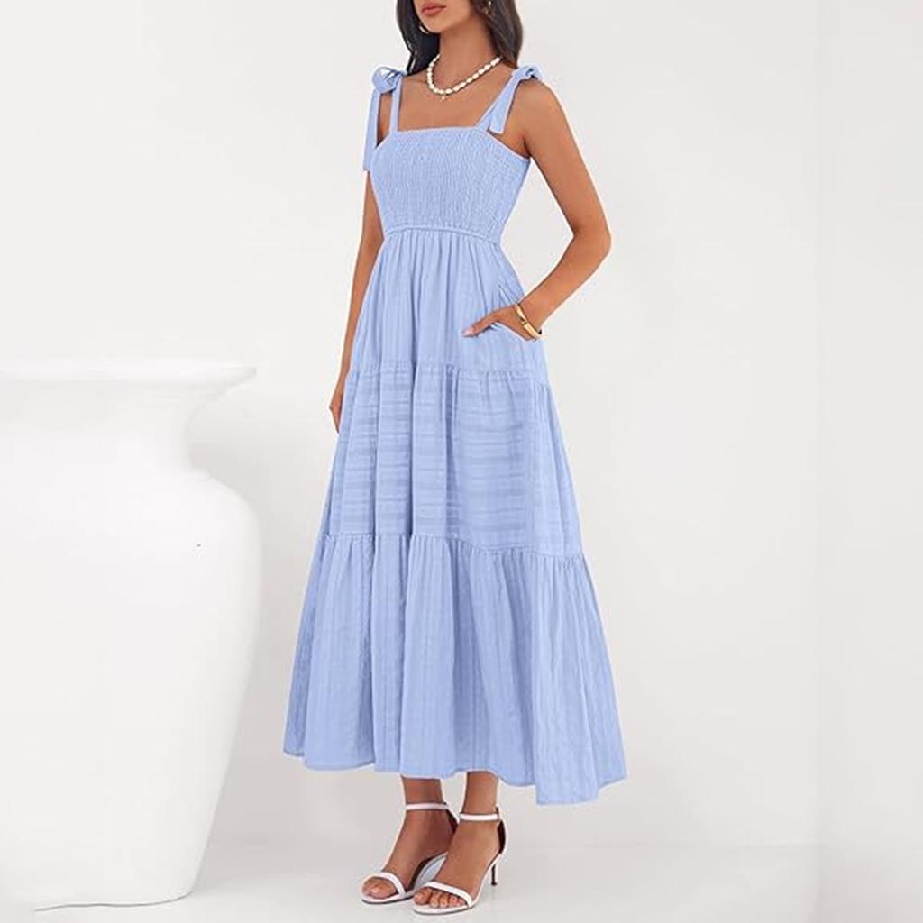 Women's Fashionable Color Shirred Sleeveless Long Dress