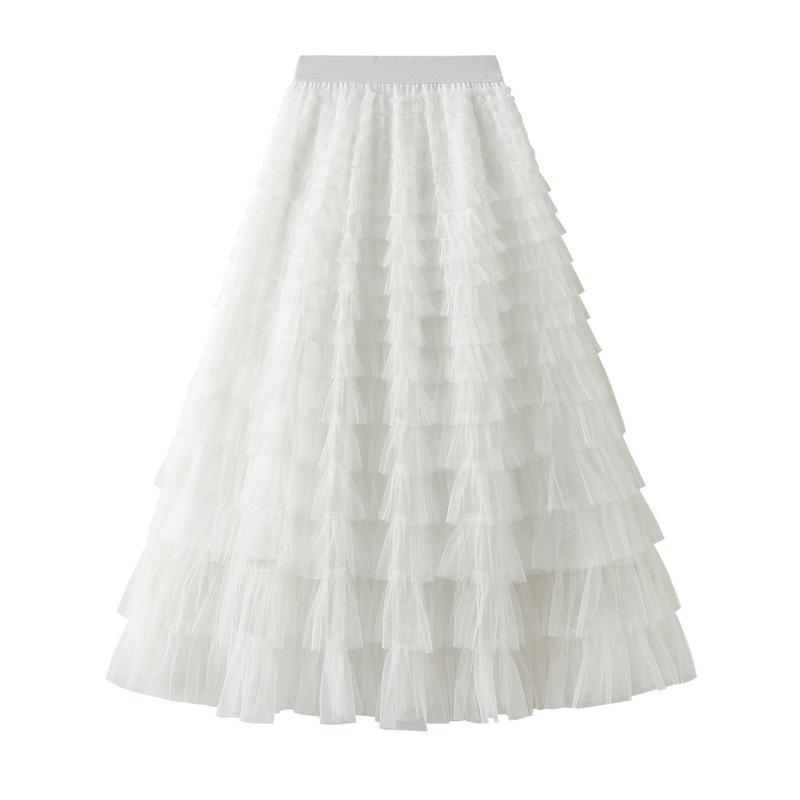 Fairy White Tulle Pleated Long Midi Skirt for Women - Spring/Autumn 2024 Collection.