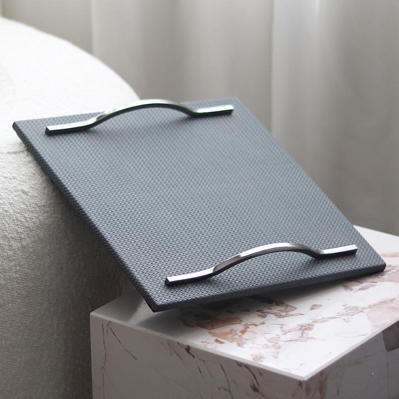 Light Luxury Rectangular Woven Leather Tray Decorative Ornaments Art Handle Storage Tray Model Room with Display Accessories