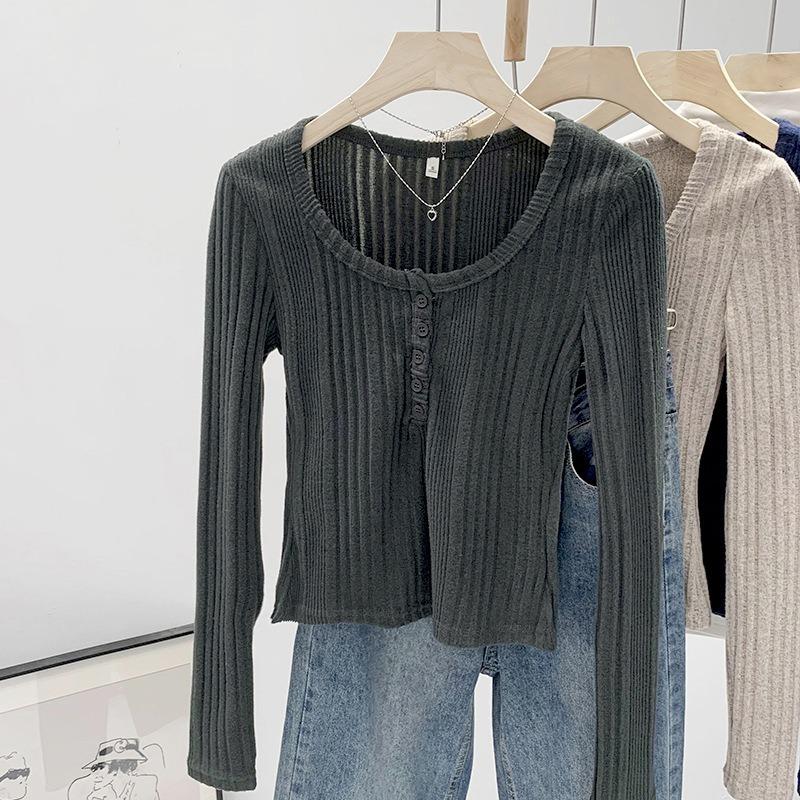 

Spice Girl U-Neck Leaky Clavicle Long Sleeve T-Shirt Women s Spring New Pit Strip Slim Top Bottom Knitted Sweater L темно-сірий