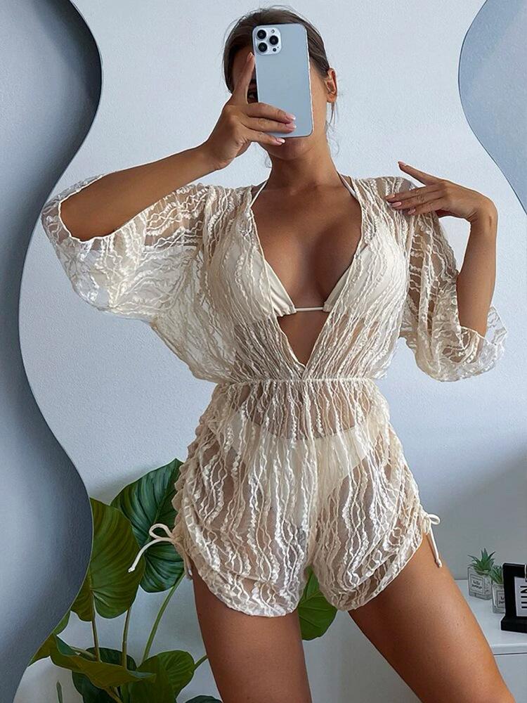 New long-sleeved mesh girdle one-piece swimsuit high-waist printed drawstring three-piece bikini