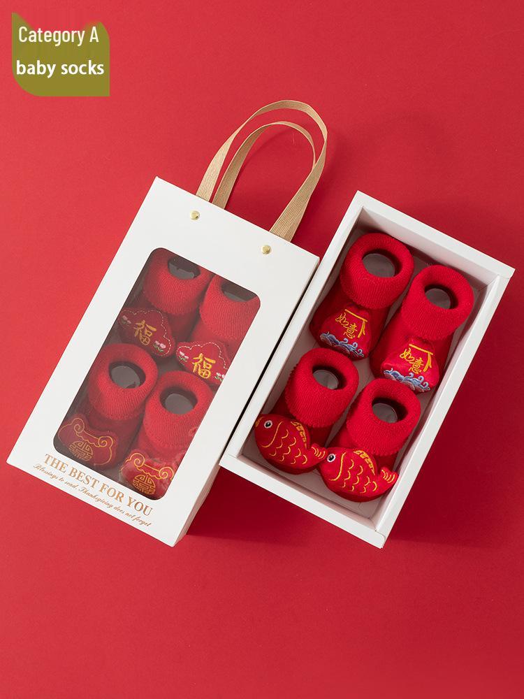 Infant Winter Socks Gift Set: Red Thick Terry Cloth Non-Slip Gel Dot Floor Socks for Baby's First New Year.