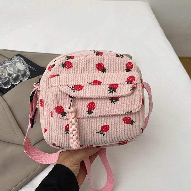 Retro Versatile Harajuku Corduroy Shoulder Crossbody Bag Female Student Summer New Japanese Strawberry Mobile Phone Bag Tide
