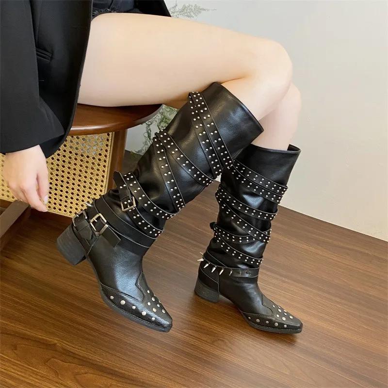 

Женские панк-ботинки с заклепками, массивные мотоботы, крутые тусовочные ботинки на высоком каблуке до колена, с пряжкой, повседневная обувь 42 35 чёрный