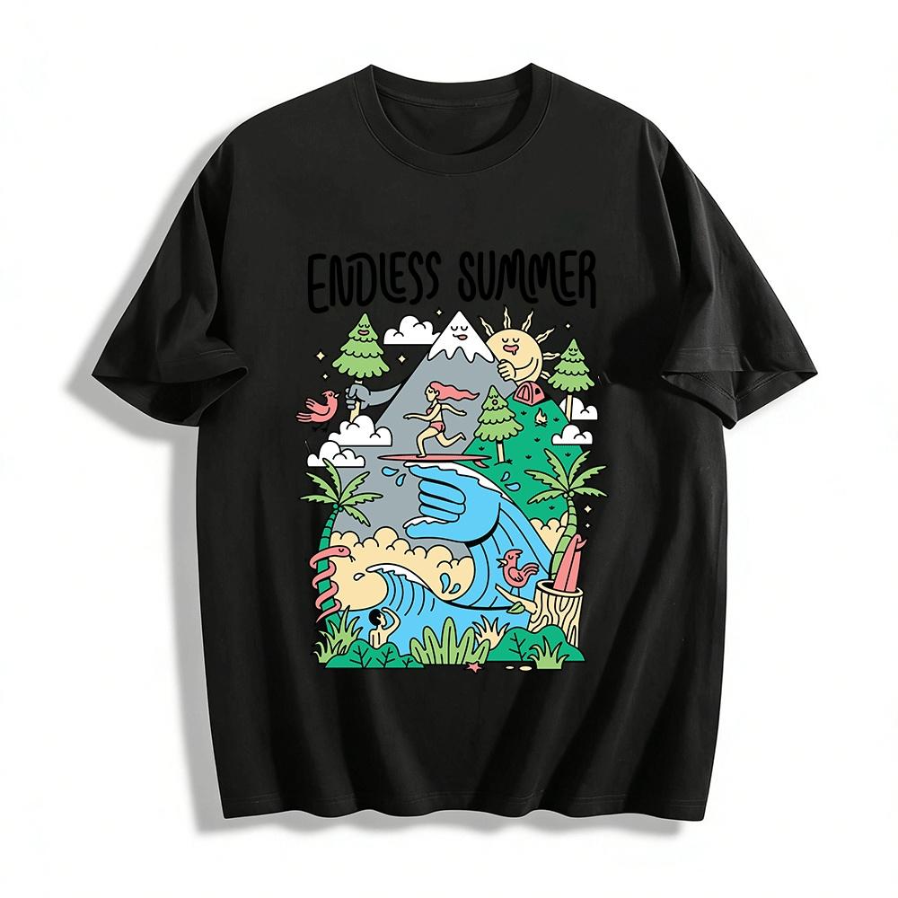 Endless Summer Surfing Graphic Tee Tropical Vacation Casual Top Pure cotton T-shirt XXS