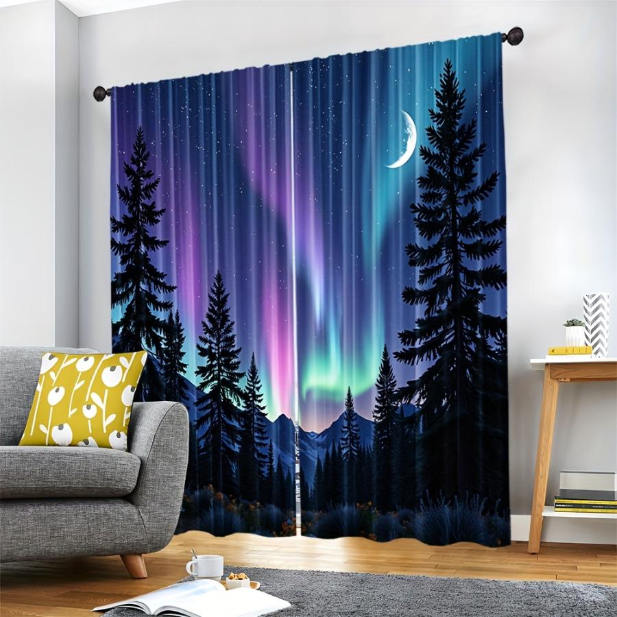 2PCS Digital Printed Curtains, Starry Sky Aurora Forest, Four Seasons Machine Washable Fabric for Bedroom Living Room Home Decor