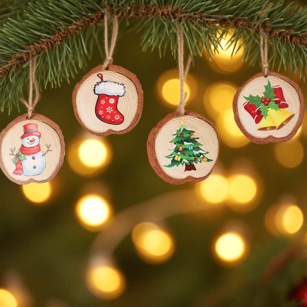 18pcs/set Vintage Christmas Tree Wood Pendant Cartoon Xmas Tree Hanging Ornament New Year