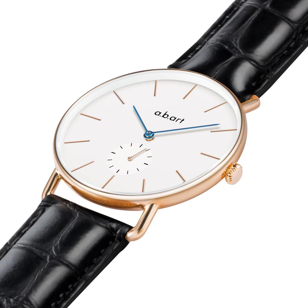 Quartz Watch with Swiss Sapphire White Black Leather Slim Water Minimalist Perfect for Business 41mm A.b.art Men's Movement, Crystal, Dial, Strap,