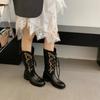 2025 Retro Style Embroidery Sewing Round Toe High Heels Women Boots Solid Color Lace Up Sexy Western Casual Elegant Cowboy Shoes