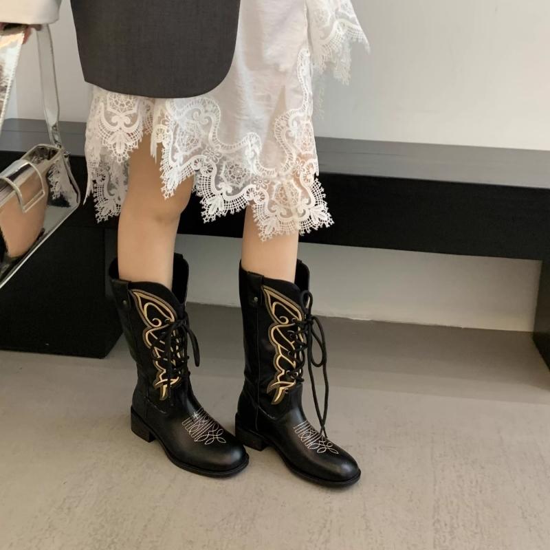 2025 Retro Style Embroidery Sewing Round Toe High Heels Women Boots Solid Color Lace Up Sexy Western Casual Elegant Cowboy Shoes