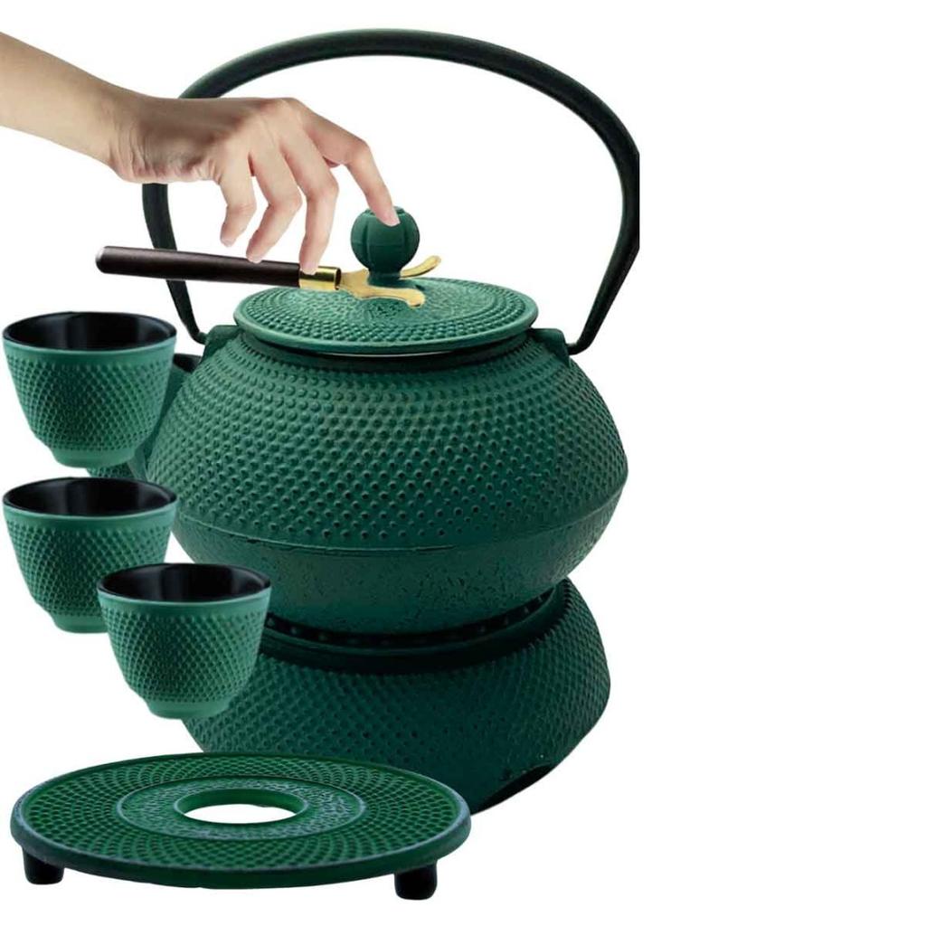 CAST IRON TEA POT GREEN 900ml WITH WARMER AND CUPS GIFT SET