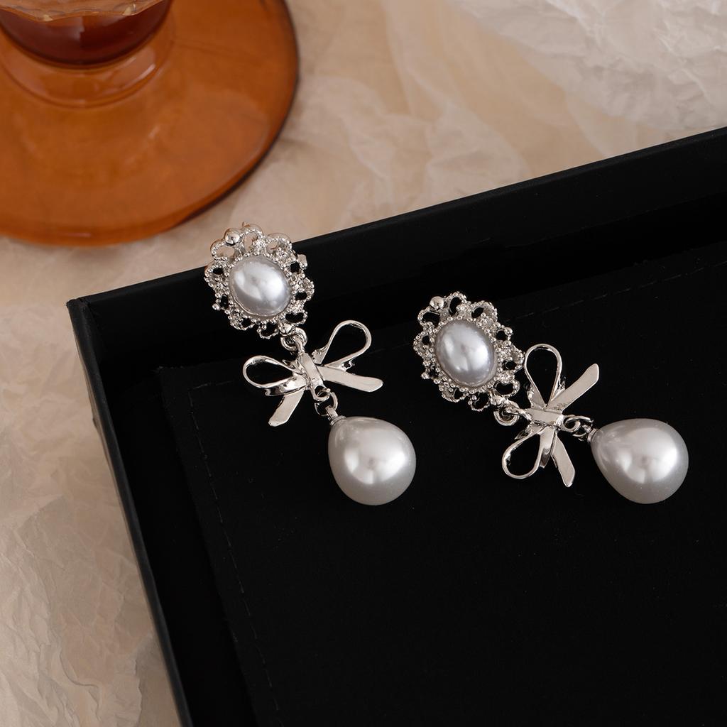 French Ballet Style Stud Earrings Women'S Silver Bow Pearl Pendant Earrings Sweet Temperament Niche Earrings