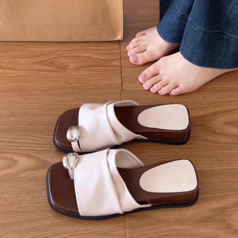 Sheepskin Version Retro Pleated Metal Set Toe Slippers Women's Summer Wear Thick Bottom Not Tired Feet Temperament Cool Slippers